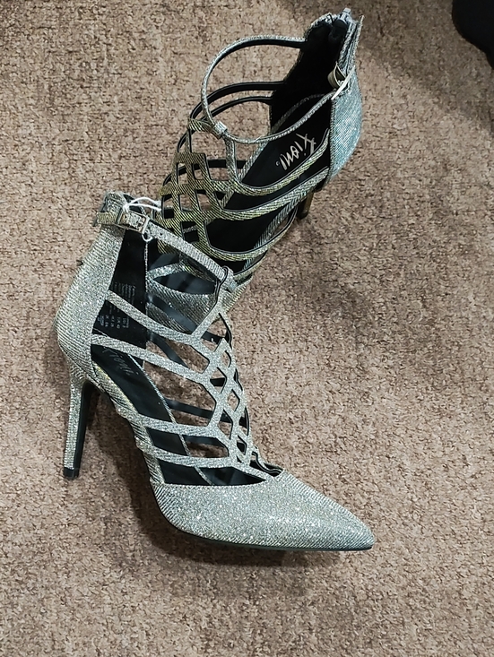 FIONI Clothing Shoes - Fioni Silver Glitter Lattice Strappy Pointed Stiletto Heels